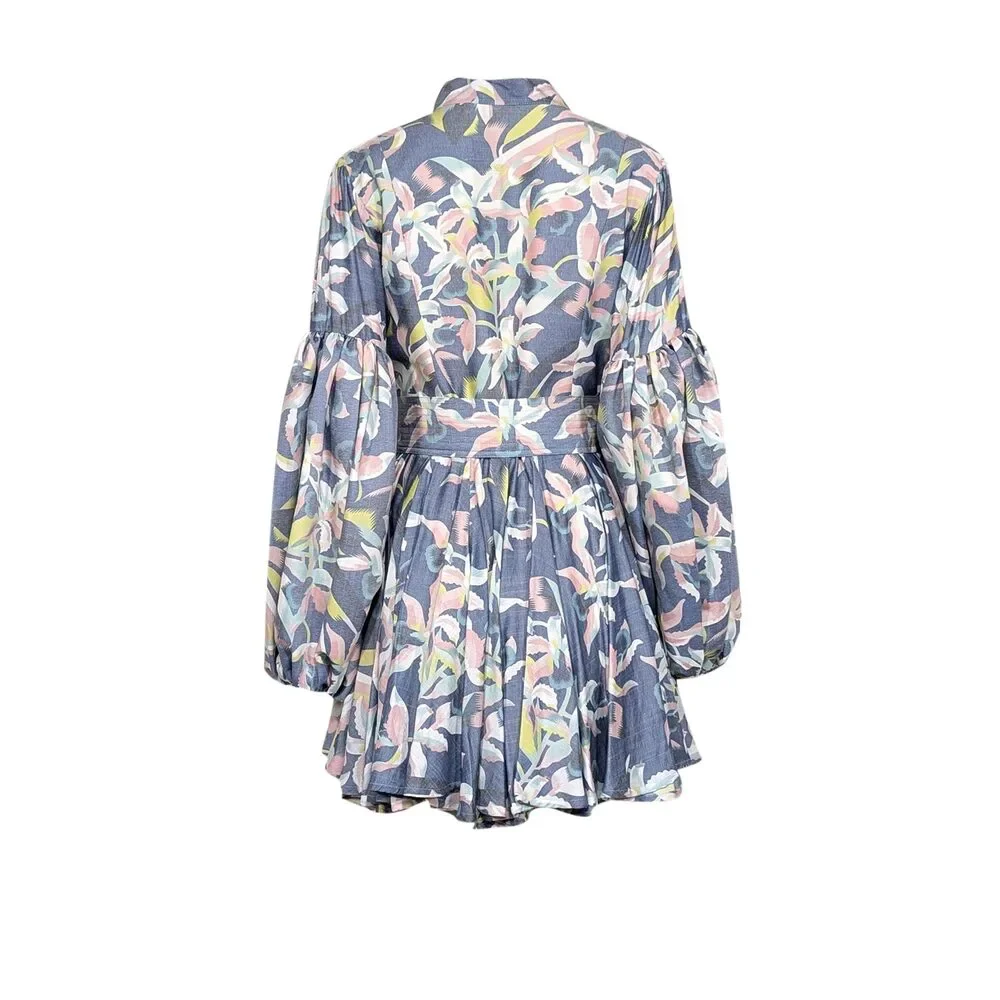 No Pise La Grama - Blue w/ Pastel Orchid Print Linen Blend Mini Dress Sz 10